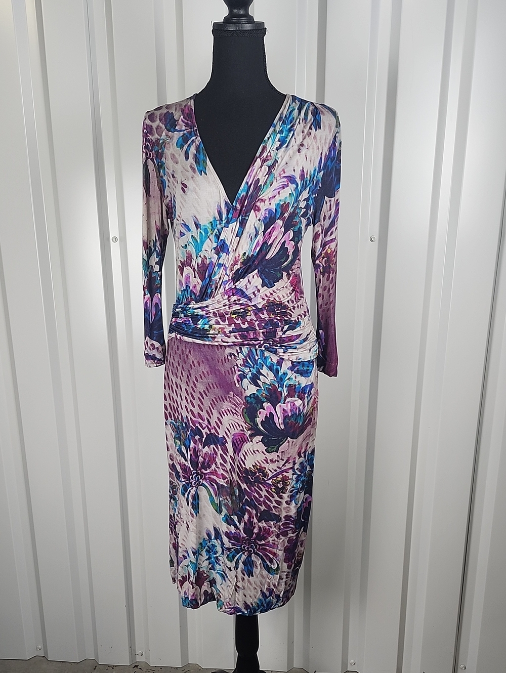 Etro Milano Abstract Floral Print Faux Wrap Midi Dress Purple Blue Sz IT 42 US 6